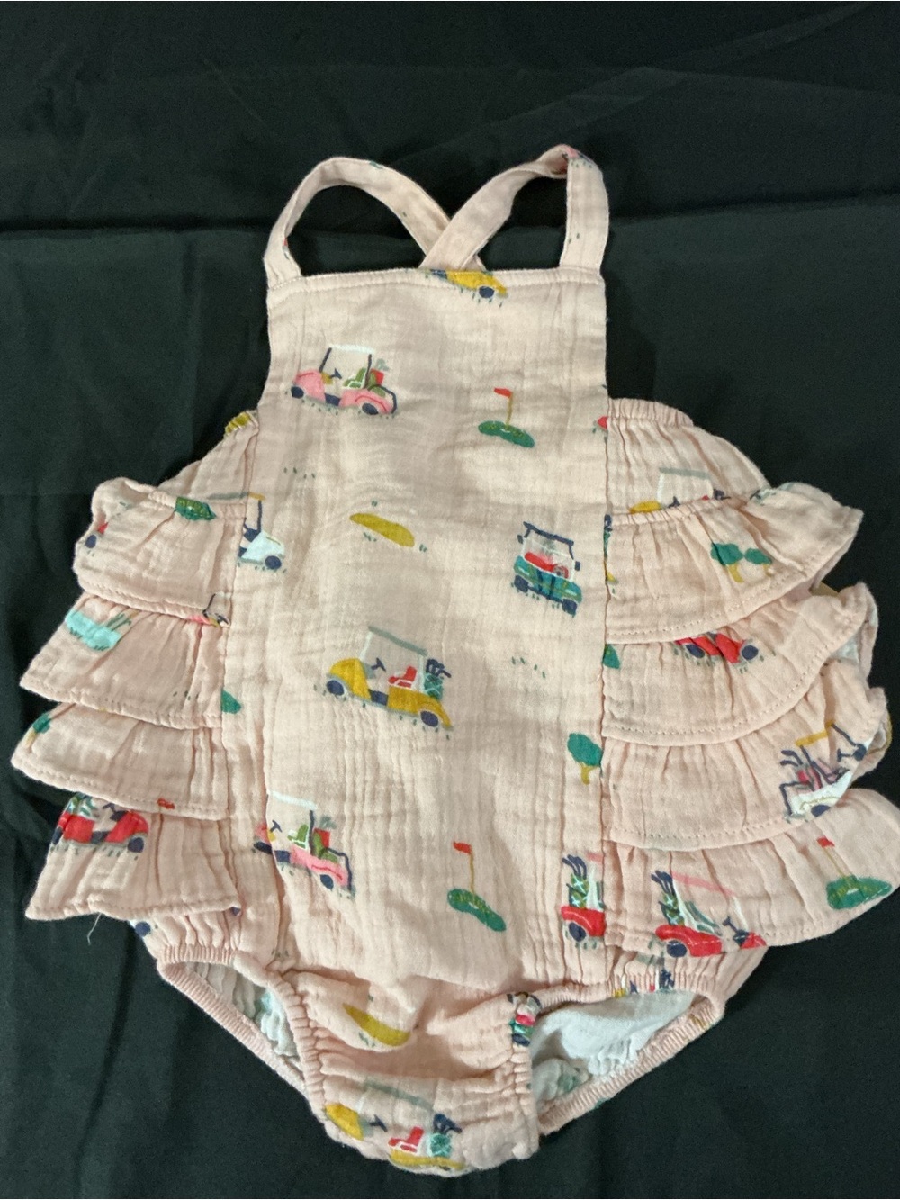 Angel Dear Pink Ruffle Romper with Colorful Car Print